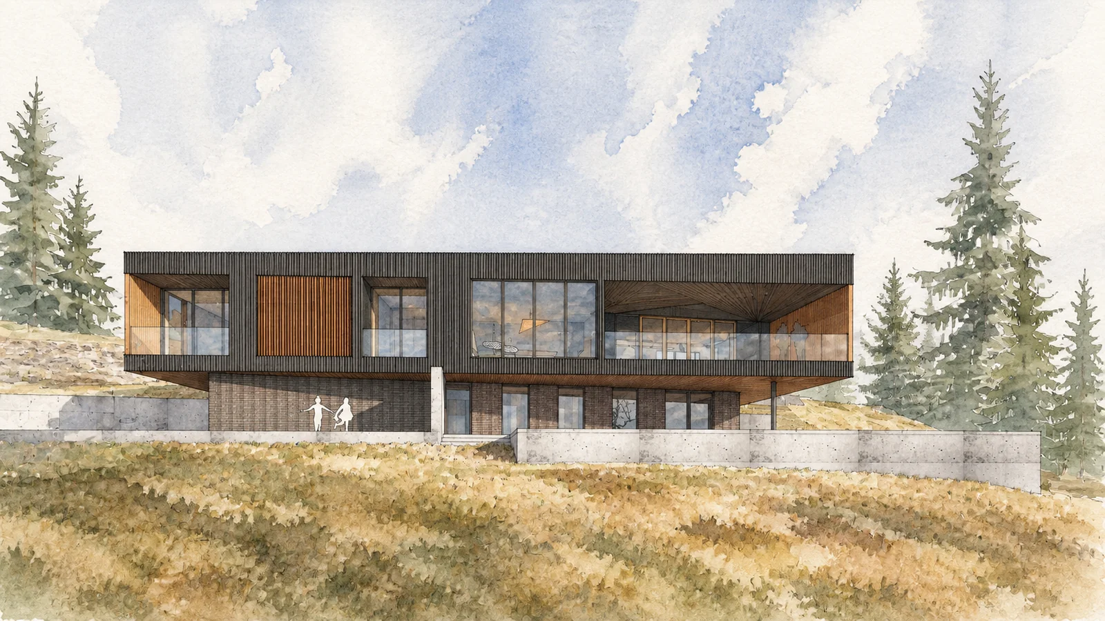 Watercolor elevation of a modern house in a meadow surrounded by pines