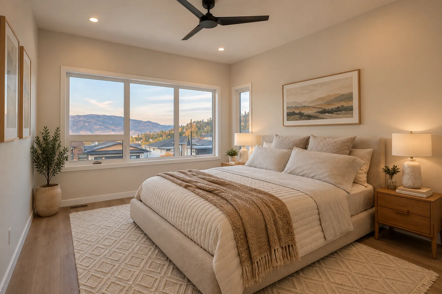 Fawn Court II primary bedroom, Penticton BC: upholstered bed with layered neutral bedding, black ceiling fan, oak nightstands, and a picture window framing Okanagan mountain views at sunset