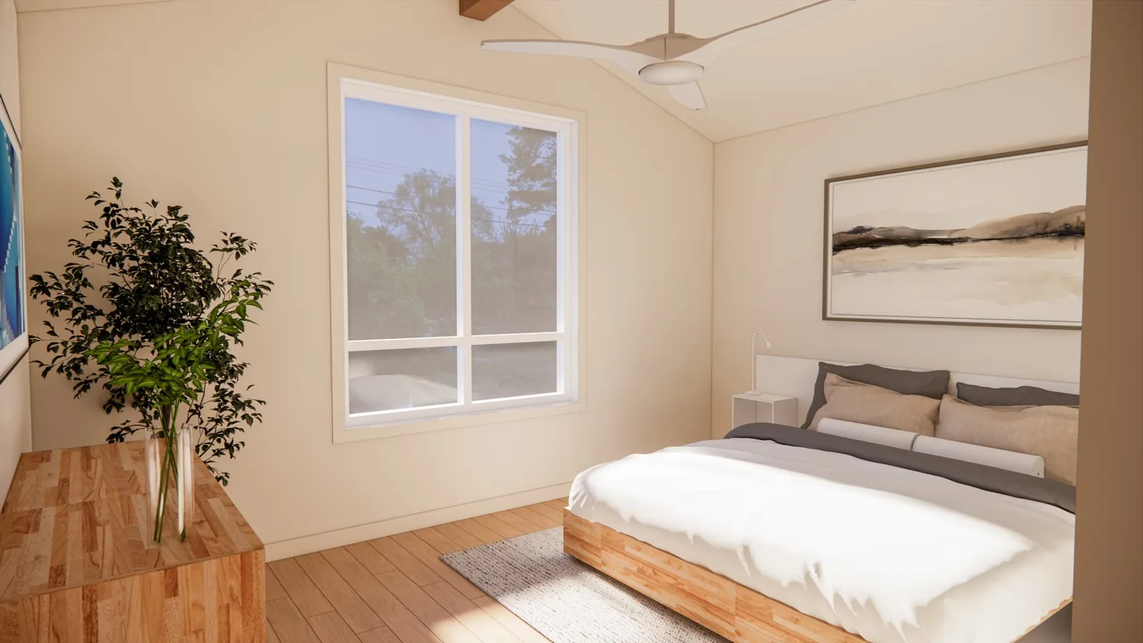 Vanhorne primary bedroom, Penticton BC: vaulted ceiling with fan, oak platform bed, and a large window overlooking mature trees