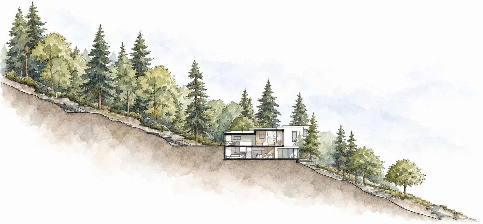 Watercolor section of a modern house stepped into a forested hillside lot
