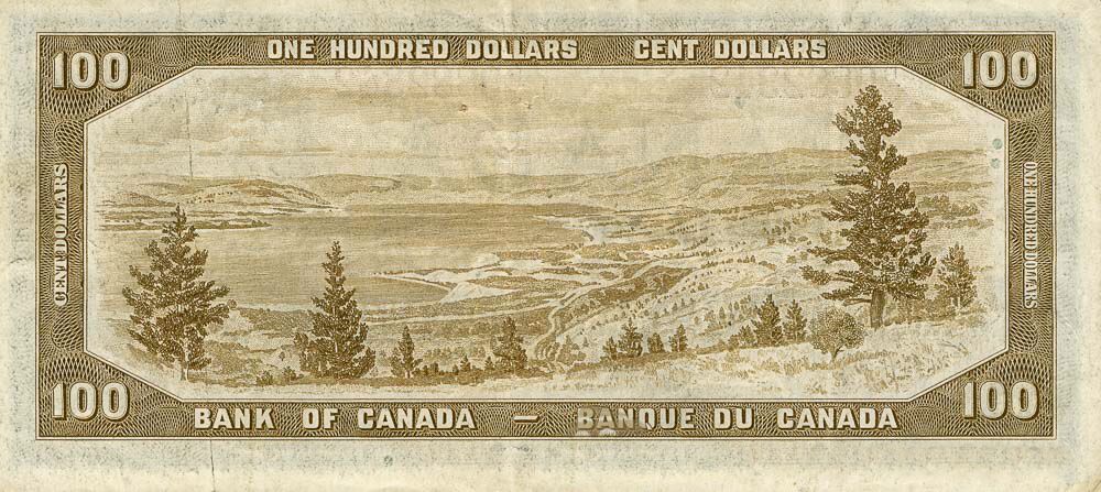 Reverse of the 1954 Canadian $100 banknote depicting the Okanagan Valley landscape.