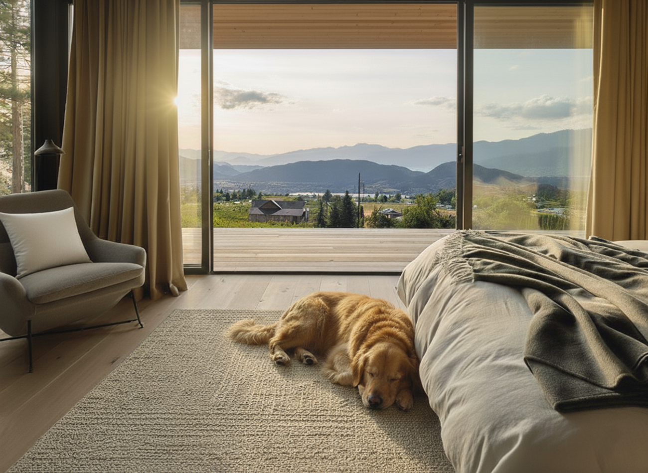Interior bedroom view framing the South Okanagan landscape through floor-to-ceiling glass at sunrise.